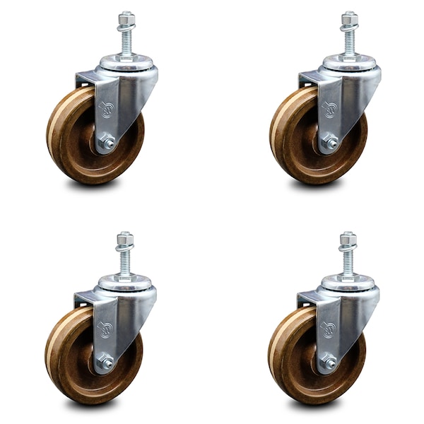 4 Inch High Temp Phenolic Wheel Swivel 3/8 Inch Threaded Stem Caster Set SCC